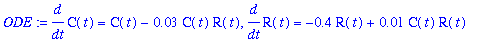 ODE := diff(C(t),t) = C(t)-.3e-1*C(t)*R(t), diff(R(t),t) = -.4*R(t)+.1e-1*C(t)*R(t)