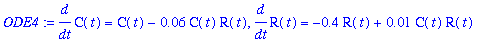 ODE4 := diff(C(t),t) = C(t)-.6e-1*C(t)*R(t), diff(R(t),t) = -.4*R(t)+.1e-1*C(t)*R(t)