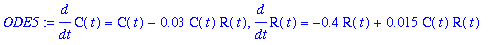ODE5 := diff(C(t),t) = C(t)-.3e-1*C(t)*R(t), diff(R(t),t) = -.4*R(t)+.15e-1*C(t)*R(t)
