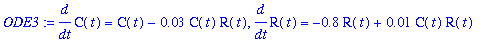 ODE3 := diff(C(t),t) = C(t)-.3e-1*C(t)*R(t), diff(R(t),t) = -.8*R(t)+.1e-1*C(t)*R(t)